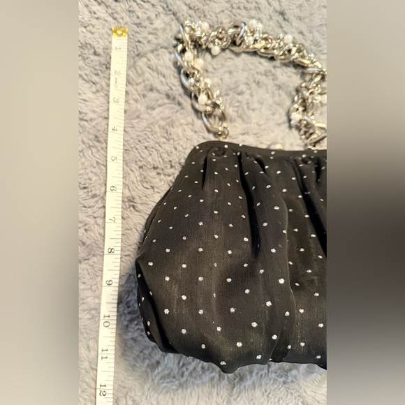 Betsey Johnson Black and Shiny Polka Dot Handbag with Silver Chain - Picture 3 of 8